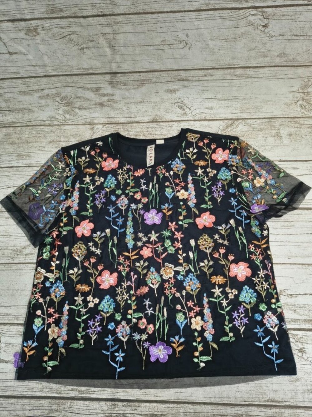Dolan Black Floral Embroider Short Sleeve Top Blouse Women Size Large